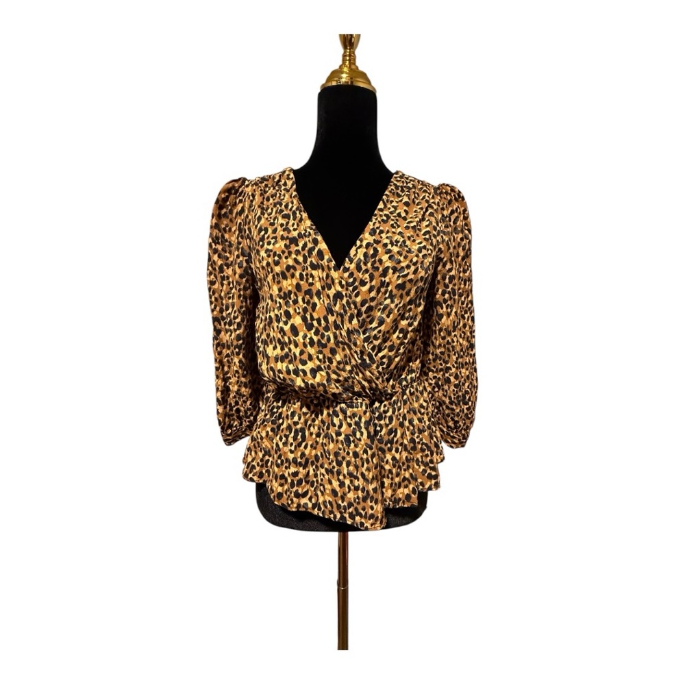 Zara Wrap Blouse Women’s size Med Leopard Print Peplum 3/4 Sleeve EUC